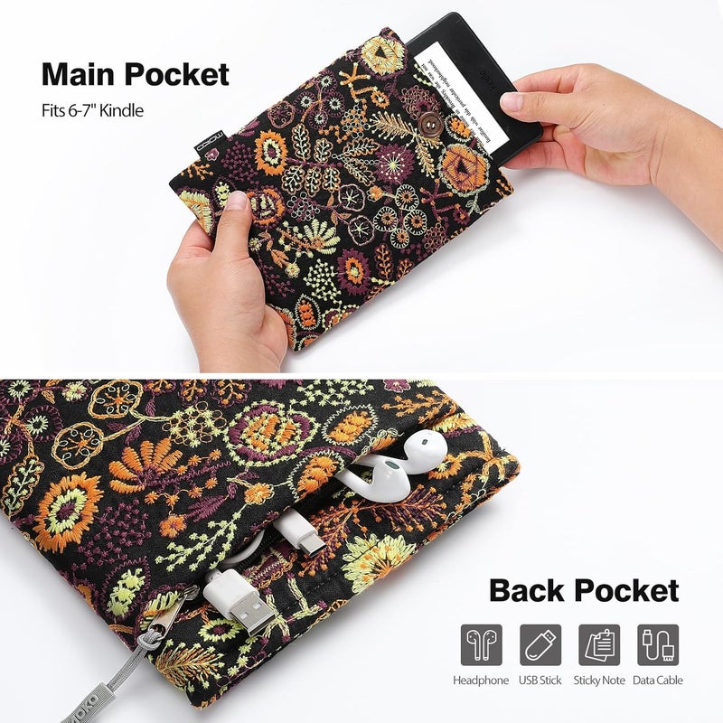 MoKo حقيبة كم مبطنة مزخرفة بزهور الأقحوان مقاس 6-7 بوصة لجهاز كيندل 7 بوصة إصدار Colorsoft Signature 2024، كيندل Paperwhite/الأطفال 6.8/6 بوصة، فاير 7 2022، Voyage/Kobo eReader، زهور صفراء سوداء - Image 5